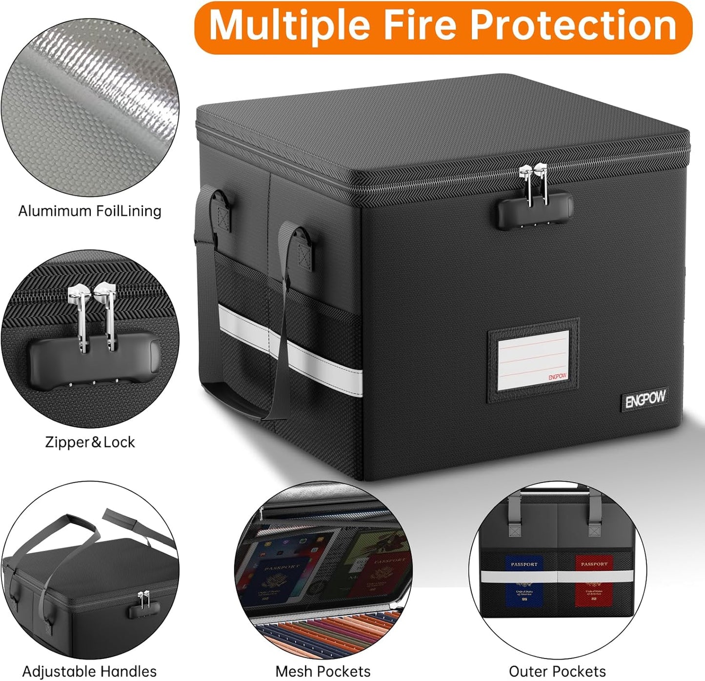 ENGPOW 5200°F File Box Fireproof Document Box with Lock,Heat Insulated Collapsible File Storage Organizer Box with Handle,Portable Home Office File Cabinet for Hanging Letter/Legal Size Folder,Black