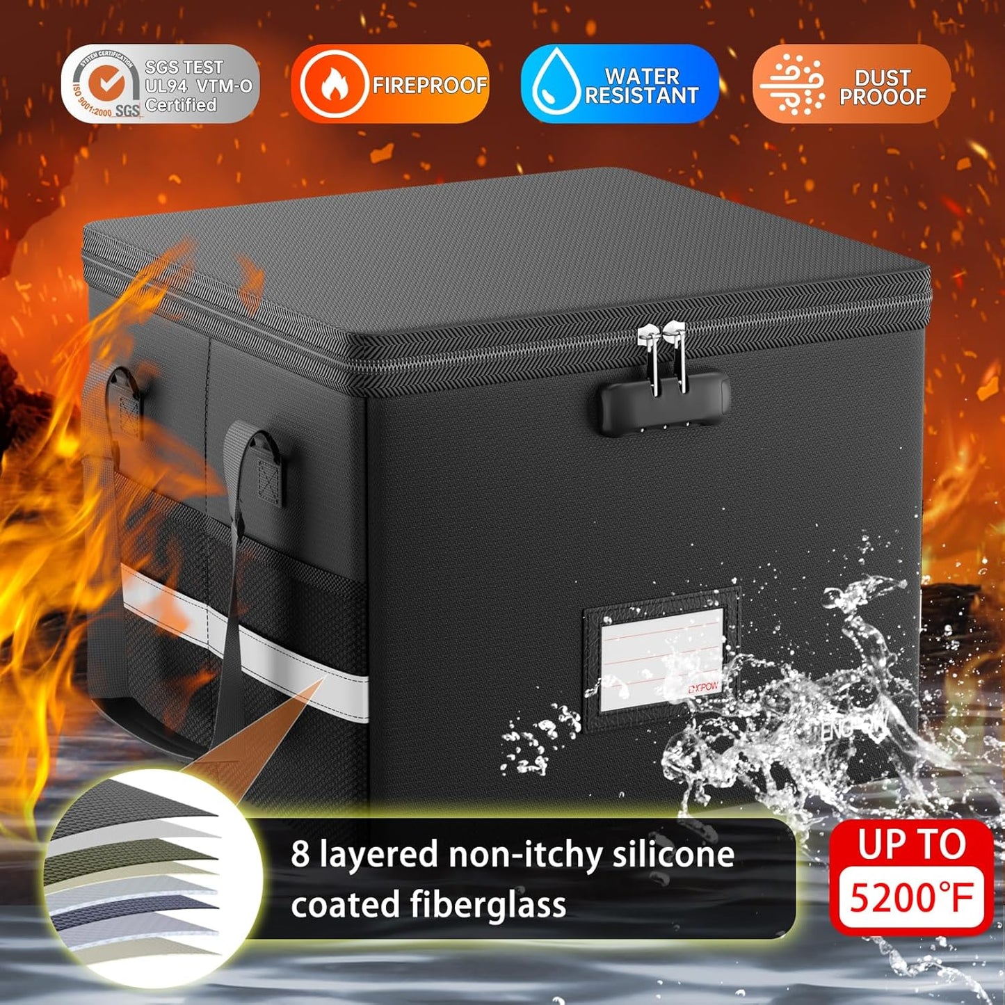 ENGPOW 5200°F File Box Fireproof Document Box with Lock,Heat Insulated Collapsible File Storage Organizer Box with Handle,Portable Home Office File Cabinet for Hanging Letter/Legal Size Folder,Black