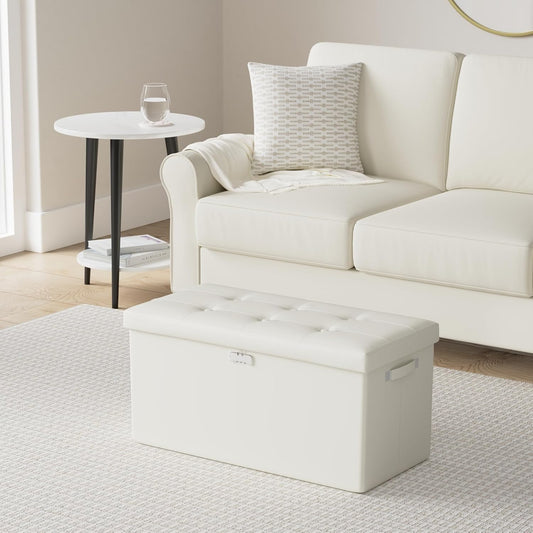 ENGPOW Storage Ottoman Bench,Fireproof Folding Storage Bench with Lock,30 Inches Fire&Water Resistant Storage Chest Foot Rest Stool Leather Bedroom Bench with Storage Safe for Document,Valuables,Beige