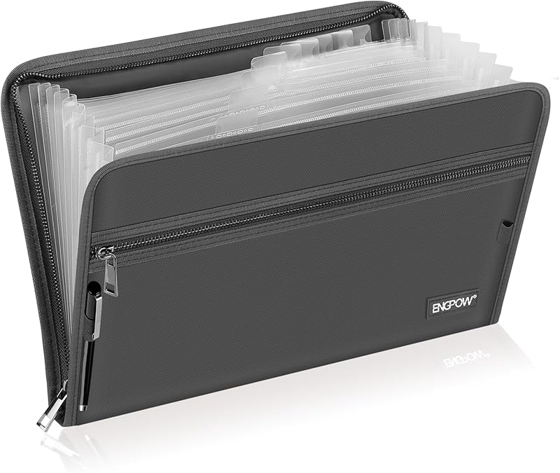 ENGPOW Fireproof File Folder Fireproof Fire and Water Resistant Money Document Bag with A4 Size 13 Pockets Zipper Closure Non-Itchy Silicone Coated Portable Filing Organizer Pouch(14.3" x 9.8")