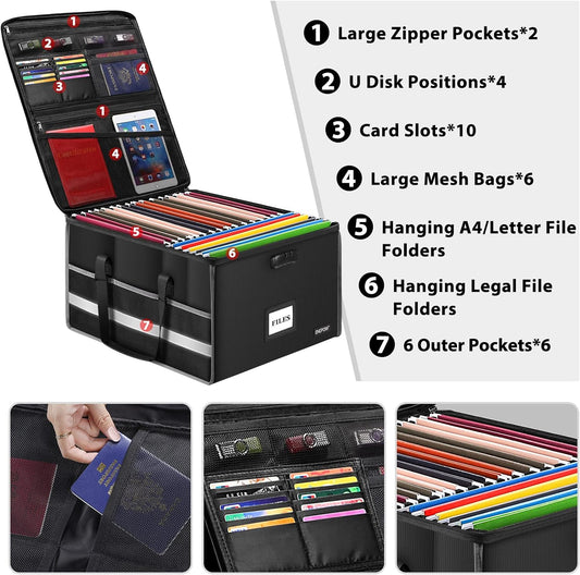 ENGPOW File Box with Lock, Fireproof Document Box File Storage Organizer Box with Inserts and Mesh Pockets,Collapsible Portable Large Filing Box File Cabinet for Hanging Both Letter and Legal Folders