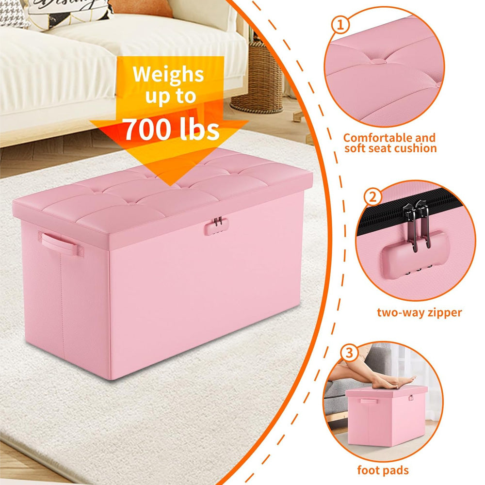 Pink Fireproof Storage Ottoman Bench Folding Bench with Lock