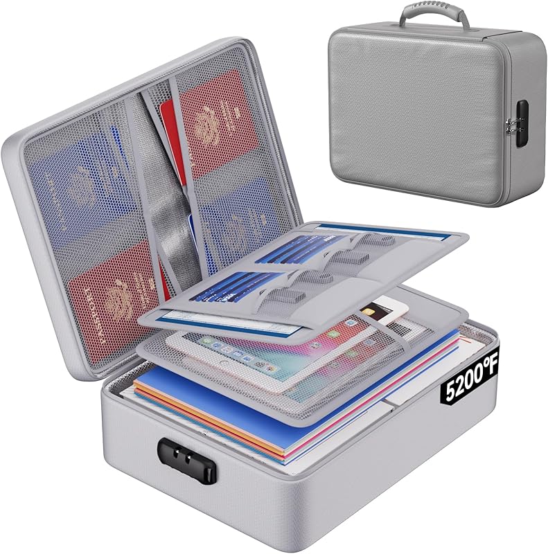ENGPOW Fireproof Document Box, Hard Fireproof Box with Fireproof Zipper&Lock, 6400°F Heat Insulated Fireproof Water Resistant File Organizer Storage Box Safe for Important Documents,Valuable,Gray