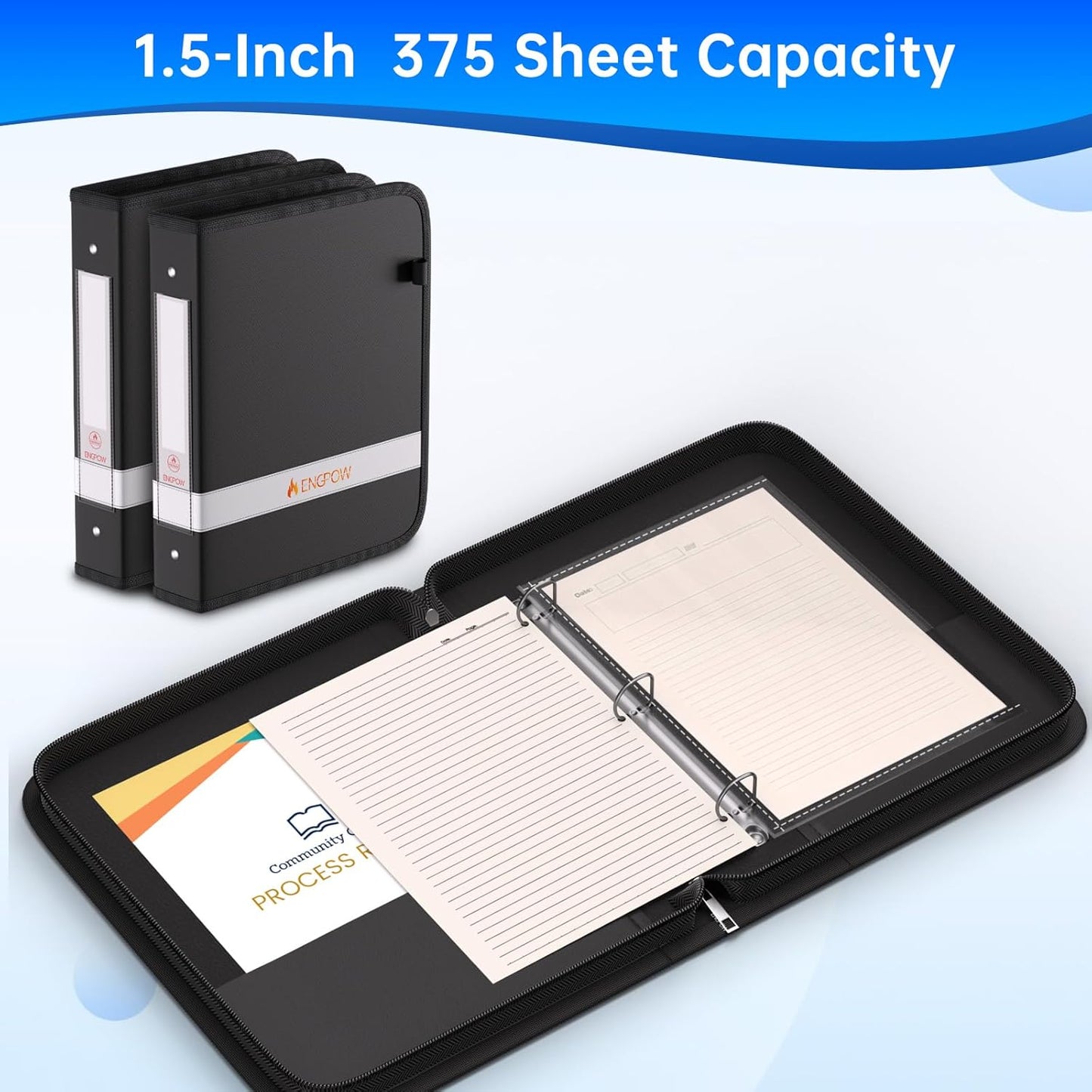 ENGPOW 3 Ring Binder,Fireproof 1.5 Inch D Ring Binder with Zipper,Fireproof&Dust-Proof Binder with Reflective Strip,Holds 375 Sheets,Non-Stick,PVC-Free,Compatible with Clear Sheet Protectors,Black