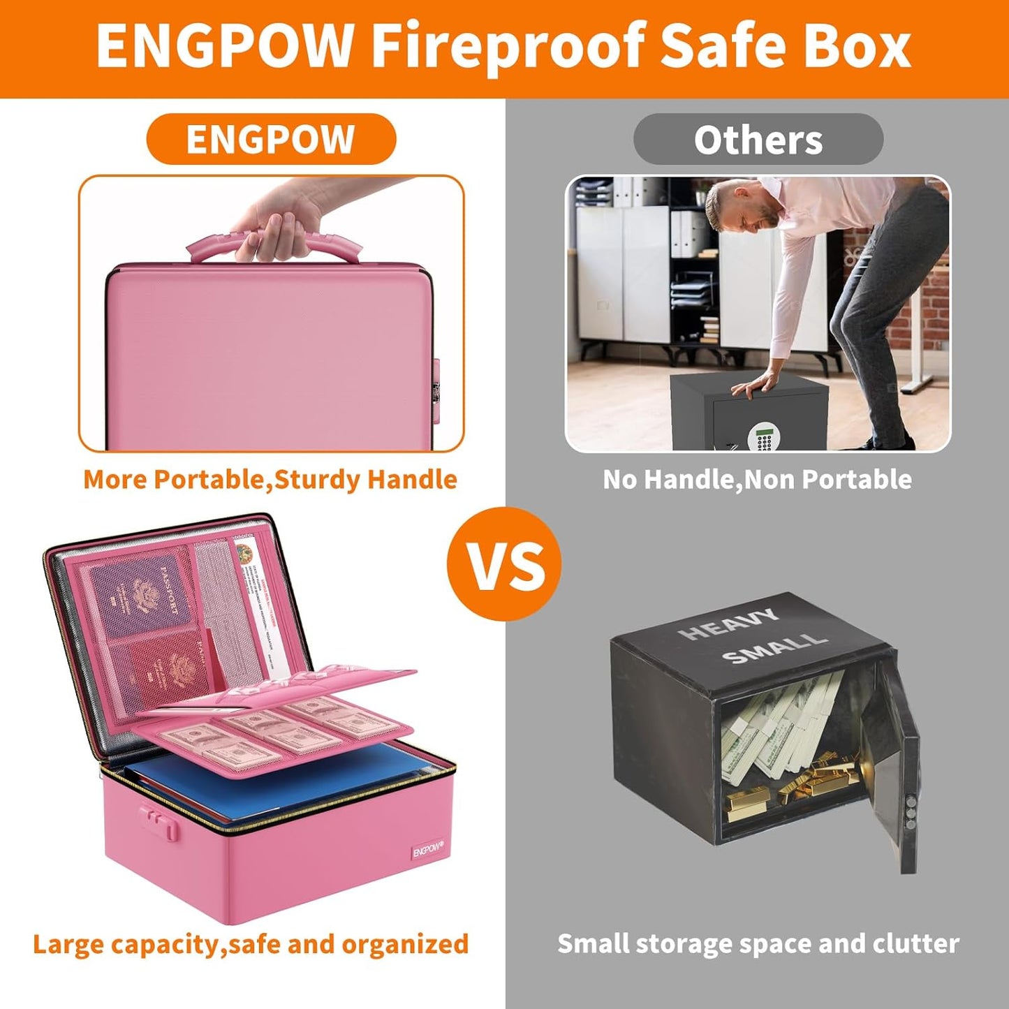ENGPOW Fireproof Document Box, Hard Fireproof Box with Fireproof Zipper&Lock, 6400°F Heat Insulated Fireproof Water Resistant File Organizer Storage Box Safe for Important Documents,Valuable,Pink