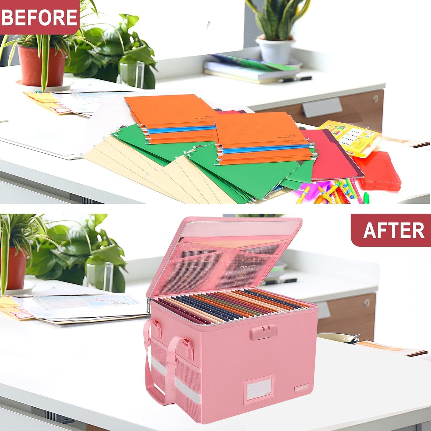 ENGPOW File Box with Lock, File Storage Organizer Box with Zipper Lid,Collapsible Fireproof Document Box Filing Box with Handle,Portable Home Office Safe Box for Hanging Letter/Legal Folder,Pink