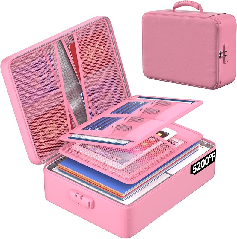ENGPOW Fireproof Document Box, Hard Fireproof Box with Fireproof Zipper&Lock, 6400°F Heat Insulated Fireproof Water Resistant File Organizer Storage Box Safe for Important Documents,Valuable,Pink