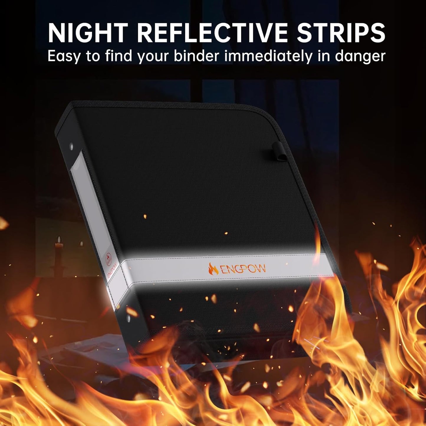 ENGPOW 3 Ring Binder,Fireproof 1.5 Inch D Ring Binder with Zipper,Fireproof&Dust-Proof Binder with Reflective Strip,Holds 375 Sheets,Non-Stick,PVC-Free,Compatible with Clear Sheet Protectors,Black