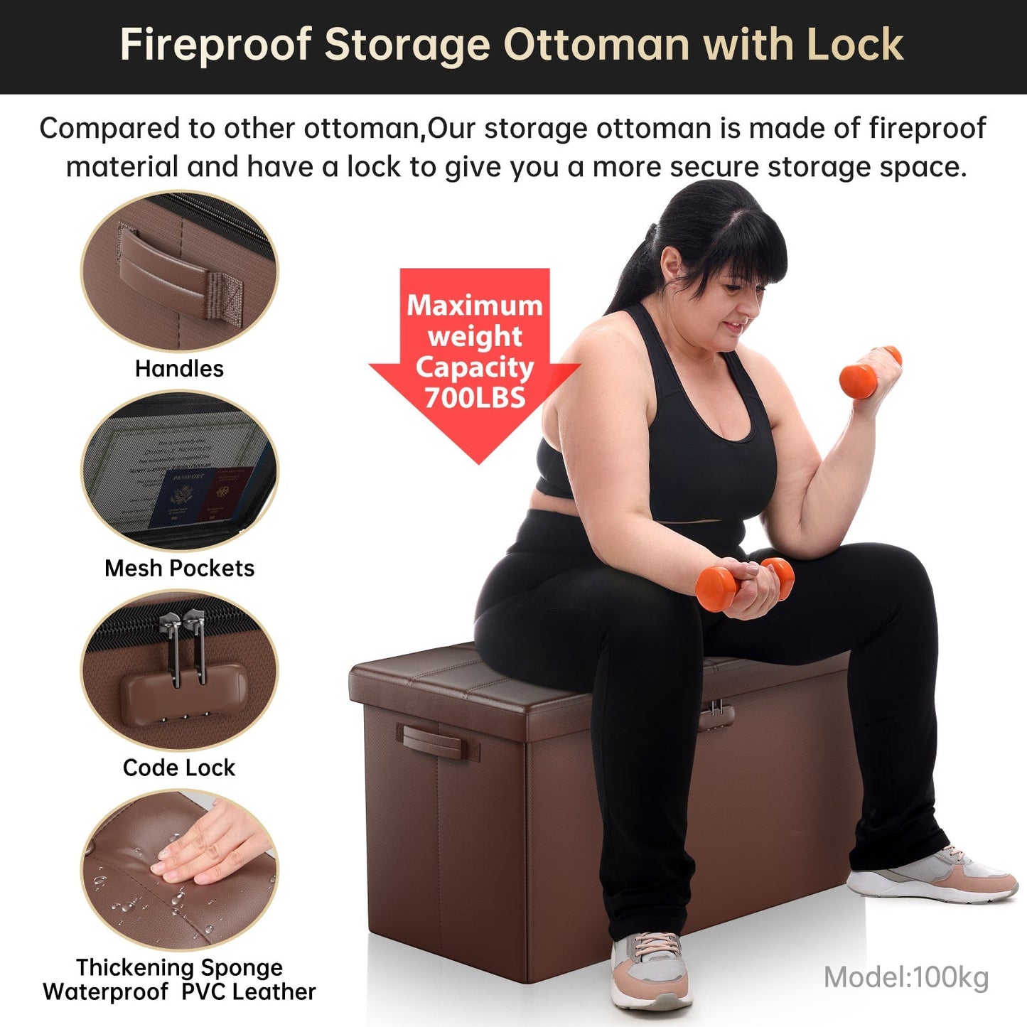 Gray Fireproof Storage Ottoman Bench Folding Bench with Lock