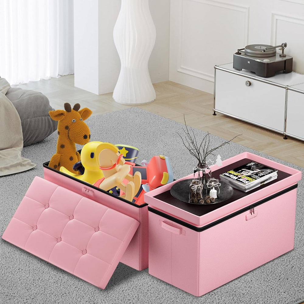 Pink Fireproof Storage Ottoman Bench Folding Bench with Lock