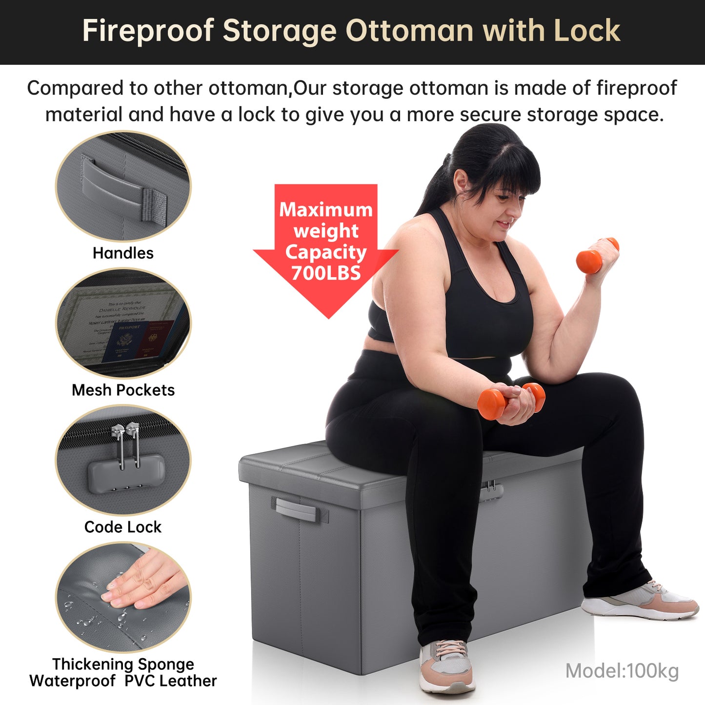 Pink Fireproof Storage Ottoman Bench Folding Bench with Lock