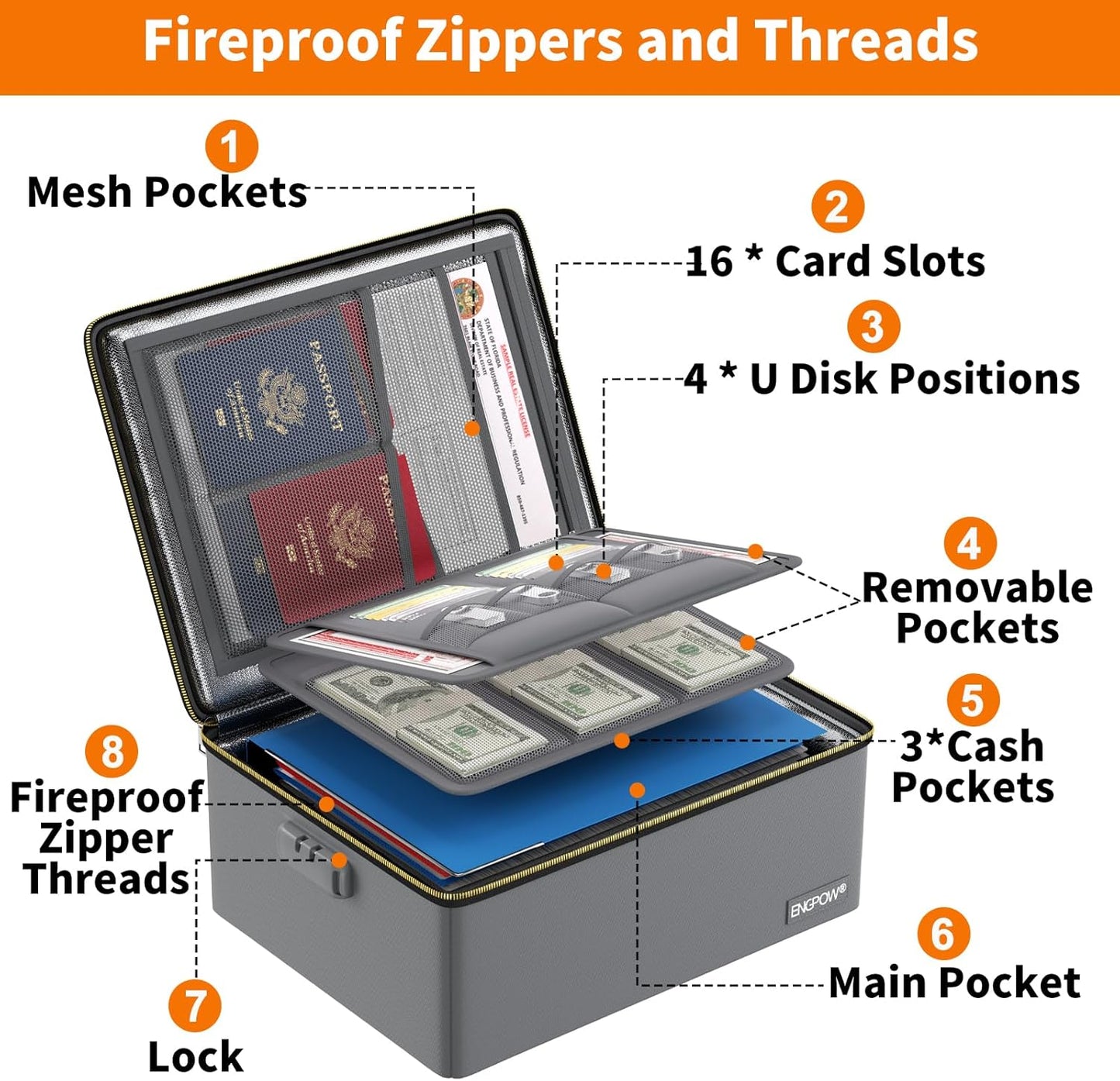 ENGPOW Fireproof Document Box, Hard Fireproof Box with Fireproof Zipper&Lock, 6400°F Heat Insulated Fireproof Water Resistant File Organizer Storage Box Safe for Important Documents,Valuable,Gray