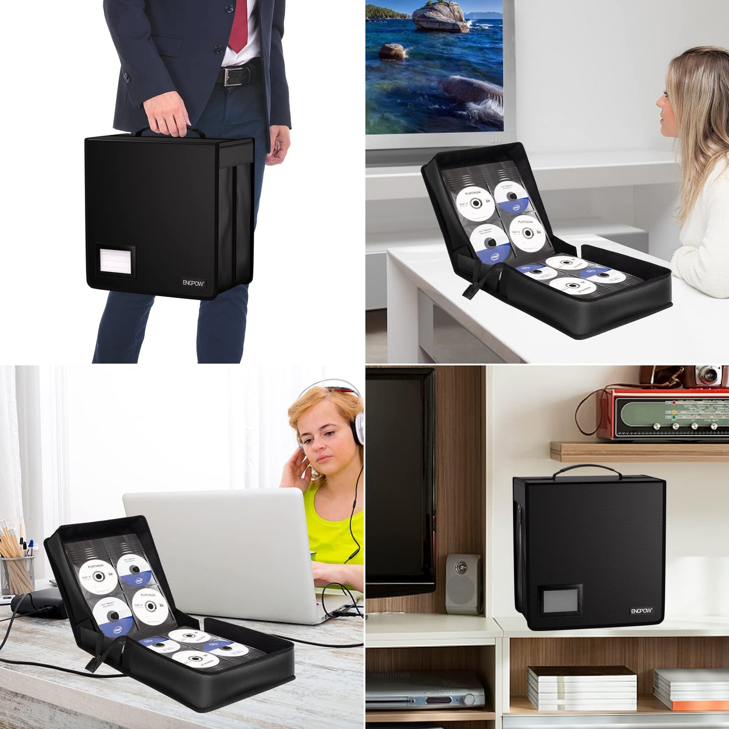 ENGPOW Fire Resistant CD Case, CD/DVD Storage Case, 400 Capacity CD Binder DVD Storage Case with Zipper, Portable Large Card Media Wallet Case Organizer for Home Office Travel Car, Black