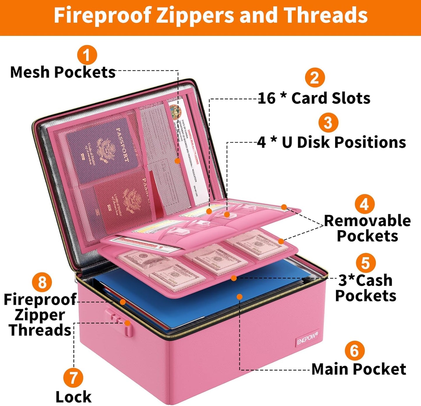 ENGPOW Fireproof Document Box, Hard Fireproof Box with Fireproof Zipper&Lock, 6400°F Heat Insulated Fireproof Water Resistant File Organizer Storage Box Safe for Important Documents,Valuable,Pink