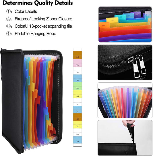 ENGPOW Fireproof Expanding File Folder with 13 Multicolored Pockets A4 Size Document Organizer with Color Labels Zipper Closure Non-Itchy Silicone Coated Portable Filing Pouch(14.3" x 9.8")