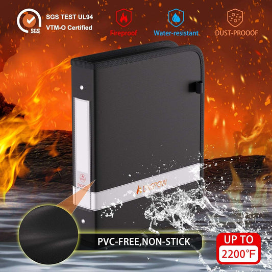 ENGPOW 3 Ring Binder,Fireproof 1.5 Inch D Ring Binder with Zipper,Fireproof&Dust-Proof Binder with Reflective Strip,Holds 375 Sheets,Non-Stick,PVC-Free,Compatible with Clear Sheet Protectors,Black
