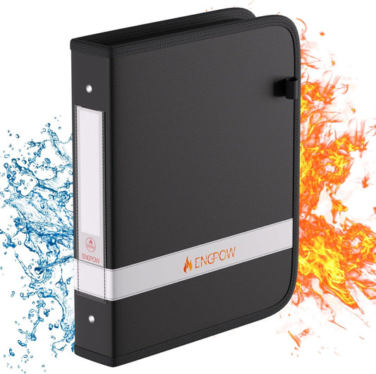 ENGPOW 3 Ring Binder,Fireproof 1.5 Inch D Ring Binder with Zipper,Fireproof&Dust-Proof Binder with Reflective Strip,Holds 375 Sheets,Non-Stick,PVC-Free,Compatible with Clear Sheet Protectors,Black