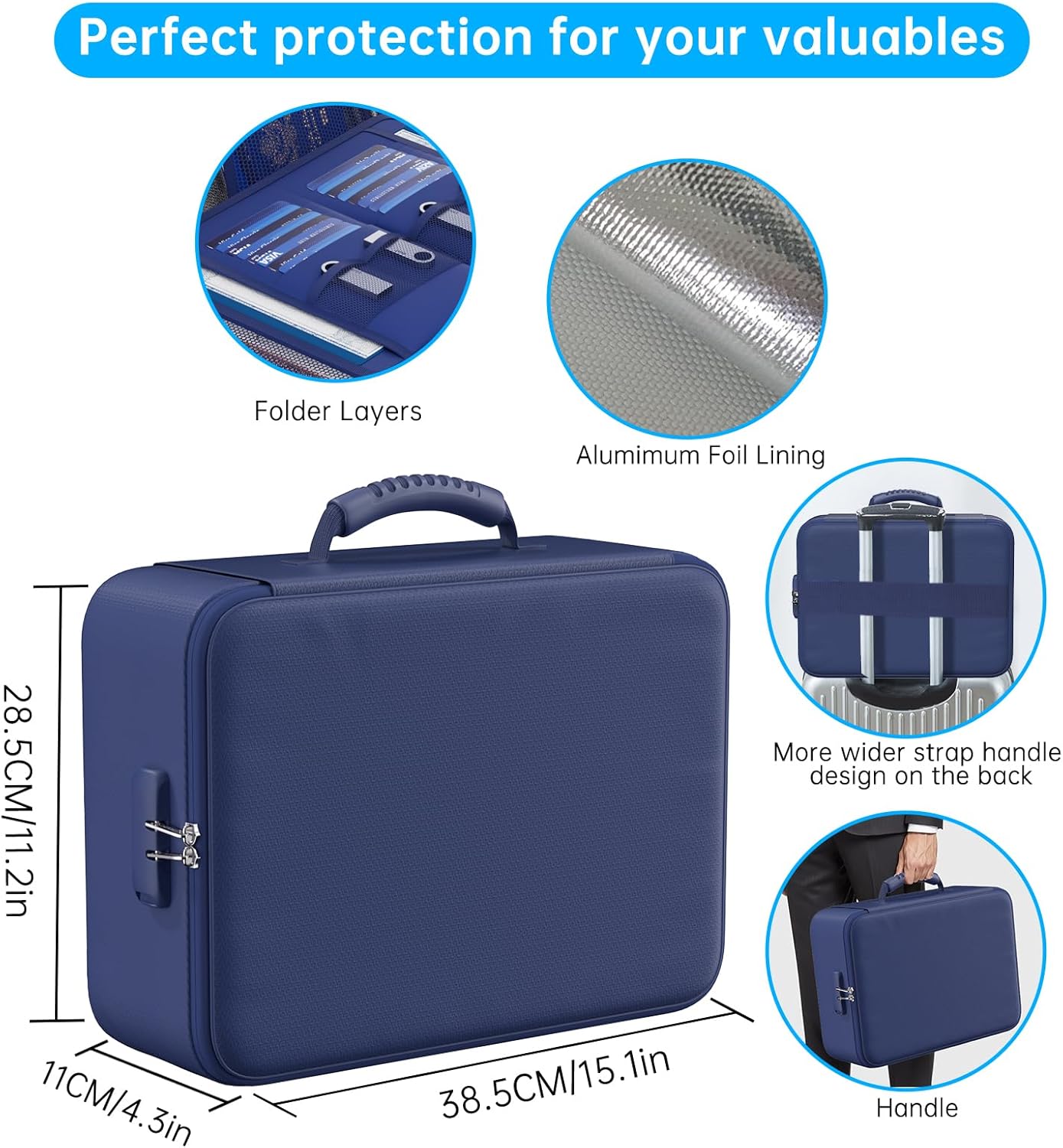 ENGPOW 5200°F Fireproof Document Bag with Lock, Upgraded Heat Insulated Fireproof&Waterproof Box 8 Layers Document Organizer, Portable Home Travel Safe Storage Box for Important Files, Laptop, Blue