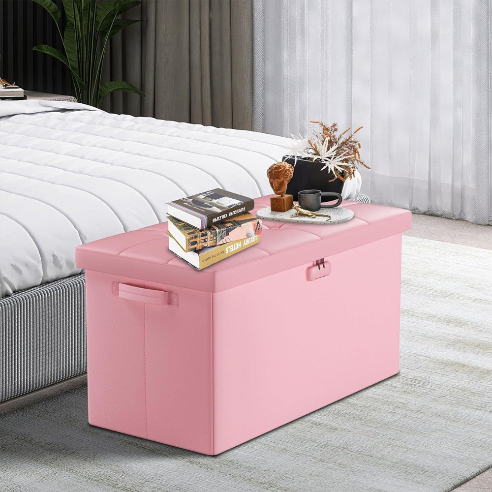 Pink Fireproof Storage Ottoman Bench Folding Bench with Lock