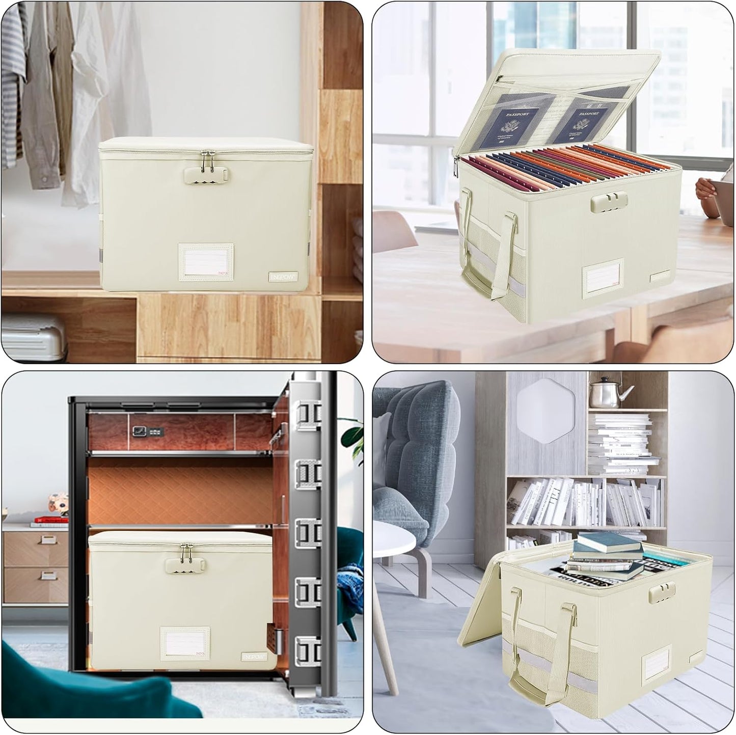 ENGPOW File Box with Lock,Fireproof Document Box with Pockets,Collapsible File Storage Organizer Box Filing Box with Handle,Portable Home Office Safe Box for Hanging Letter/Legal Folder,2 Pack(Beige)