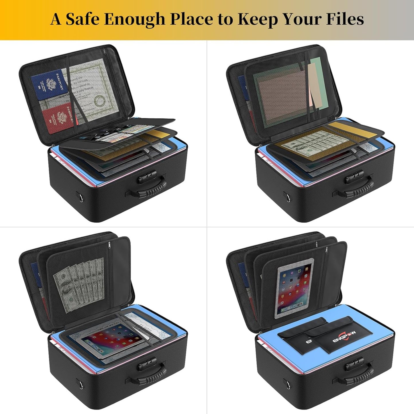 ENGPOW File Organizer Bags with Lock,Fireproof Document Bag(17.2"x12"x6") with 2 Small Fireproof Bags(8"x5.1"),Document Organizer Portable Travel Home Storage Safe for Legal/A4 Important Documents