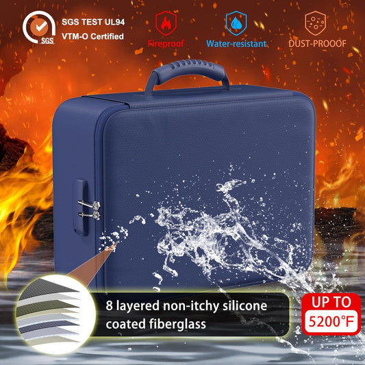 ENGPOW 5200°F Fireproof Document Bag with Lock, Upgraded Heat Insulated Fireproof&Waterproof Box 8 Layers Document Organizer, Portable Home Travel Safe Storage Box for Important Files, Laptop, Blue