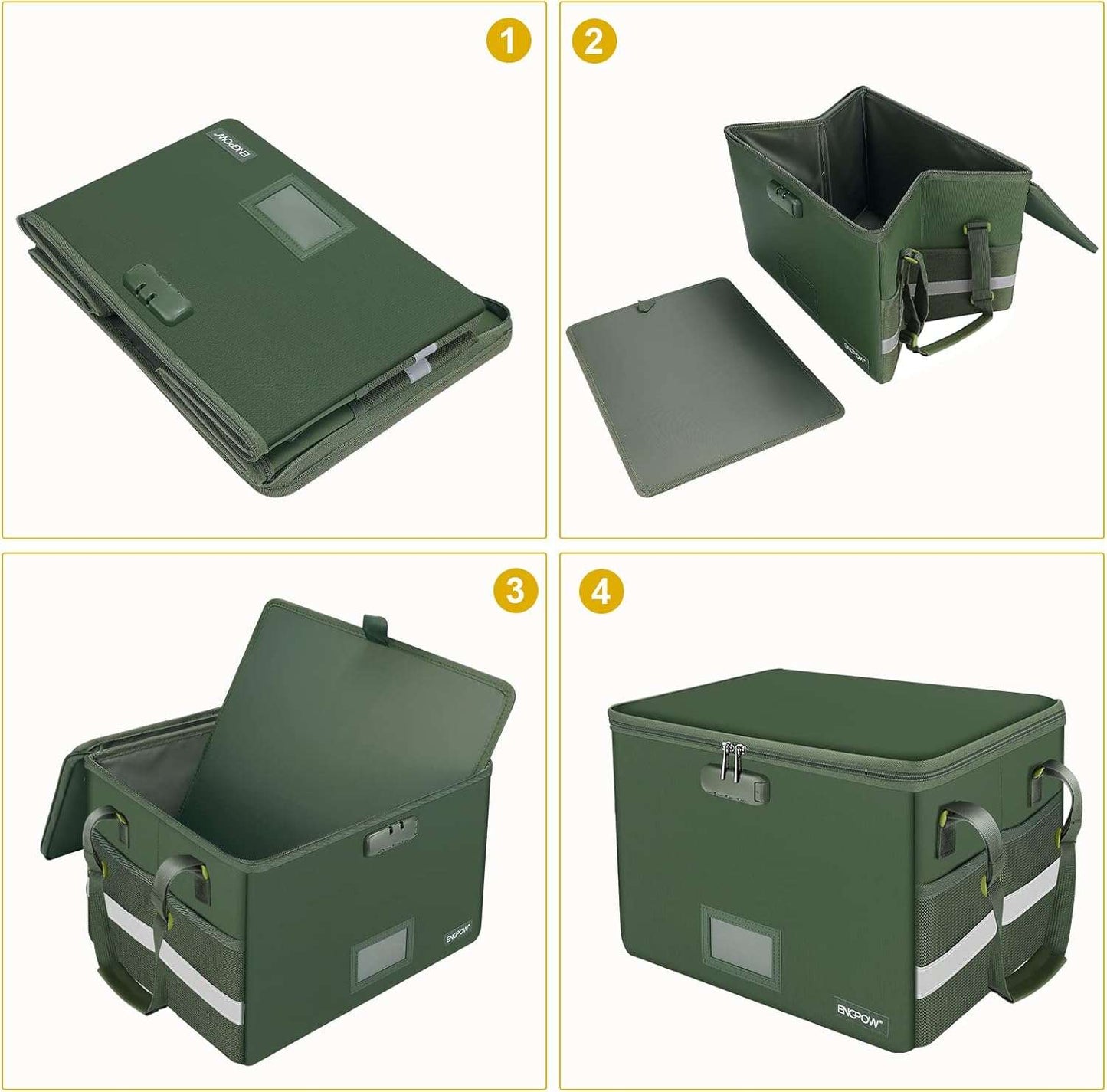 ENGPOW File Box with Lock, Fireproof Document Box with Zipper Lid,Collapsible File Storage Organizer Box Filing Box with Handle,Portable Home Office Safe Box for Hanging Letter/Legal Folder,Green