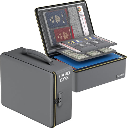 ENGPOW Fireproof Document Box, Hard Fireproof Box with Fireproof Zipper&Lock, 6400°F Heat Insulated Fireproof Water Resistant File Organizer Storage Box Safe for Important Documents,Valuable,Gray