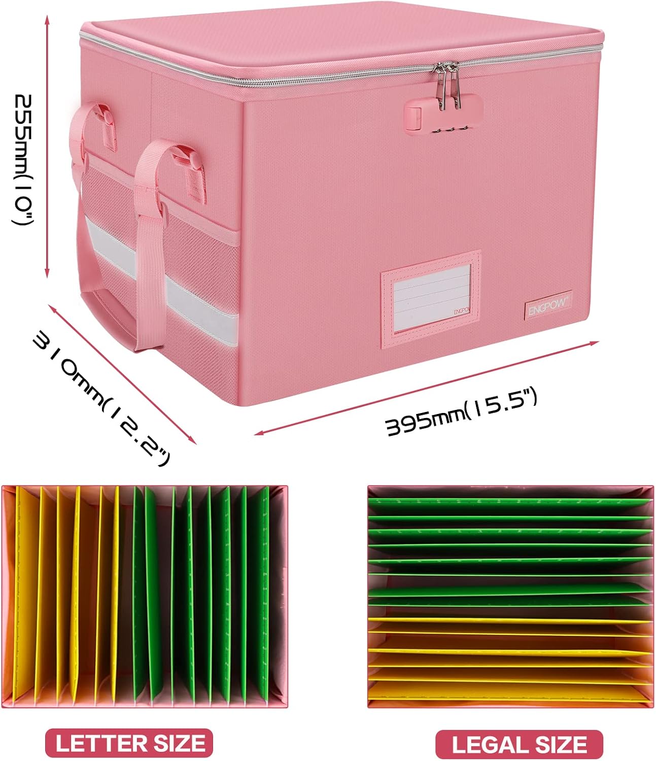 ENGPOW File Box with Lock, File Storage Organizer Box with Zipper Lid,Collapsible Fireproof Document Box Filing Box with Handle,Portable Home Office Safe Box for Hanging Letter/Legal Folder,Pink