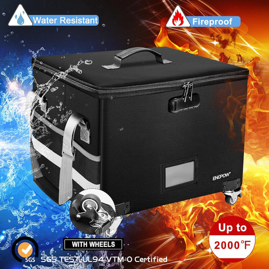 ENGPOW File Box with Wheels, Fireproof Document Box with Lock,Collapsible Rolling File Storage Organizer Box Filing Cabinet with Pockets,Portable Home Office Safe Box for Hanging Letter/Legal Folder