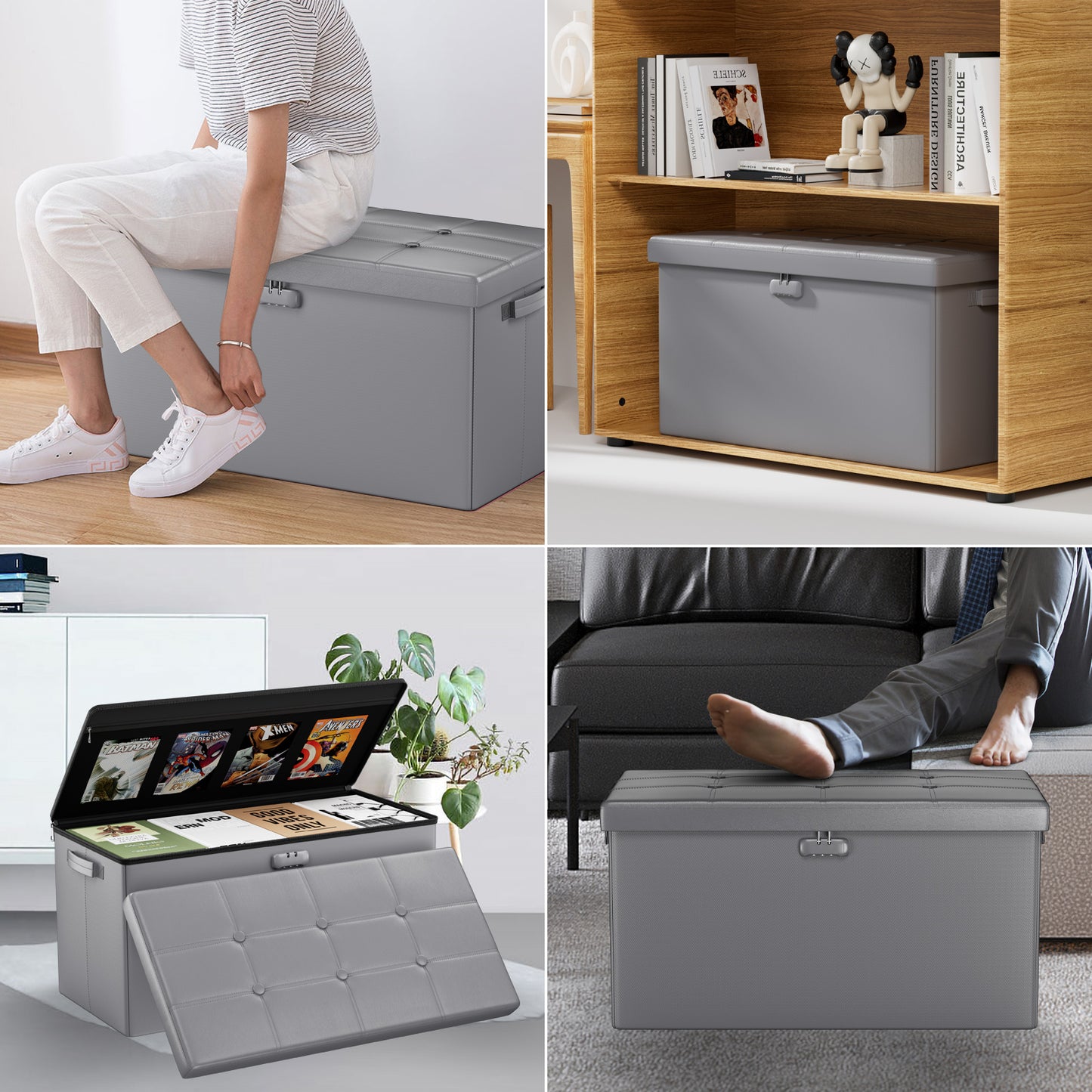 Gray Fireproof Storage Ottoman Bench Folding Bench with Lock
