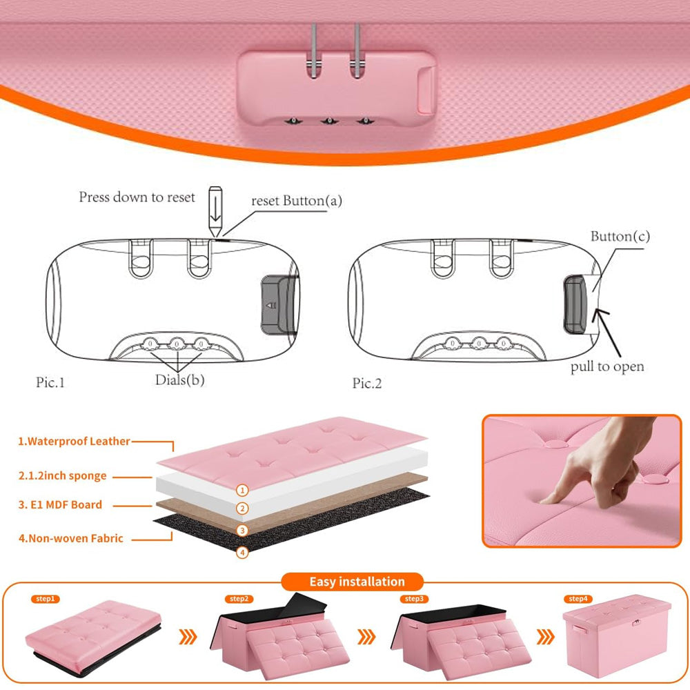 Pink Fireproof Storage Ottoman Bench Folding Bench with Lock