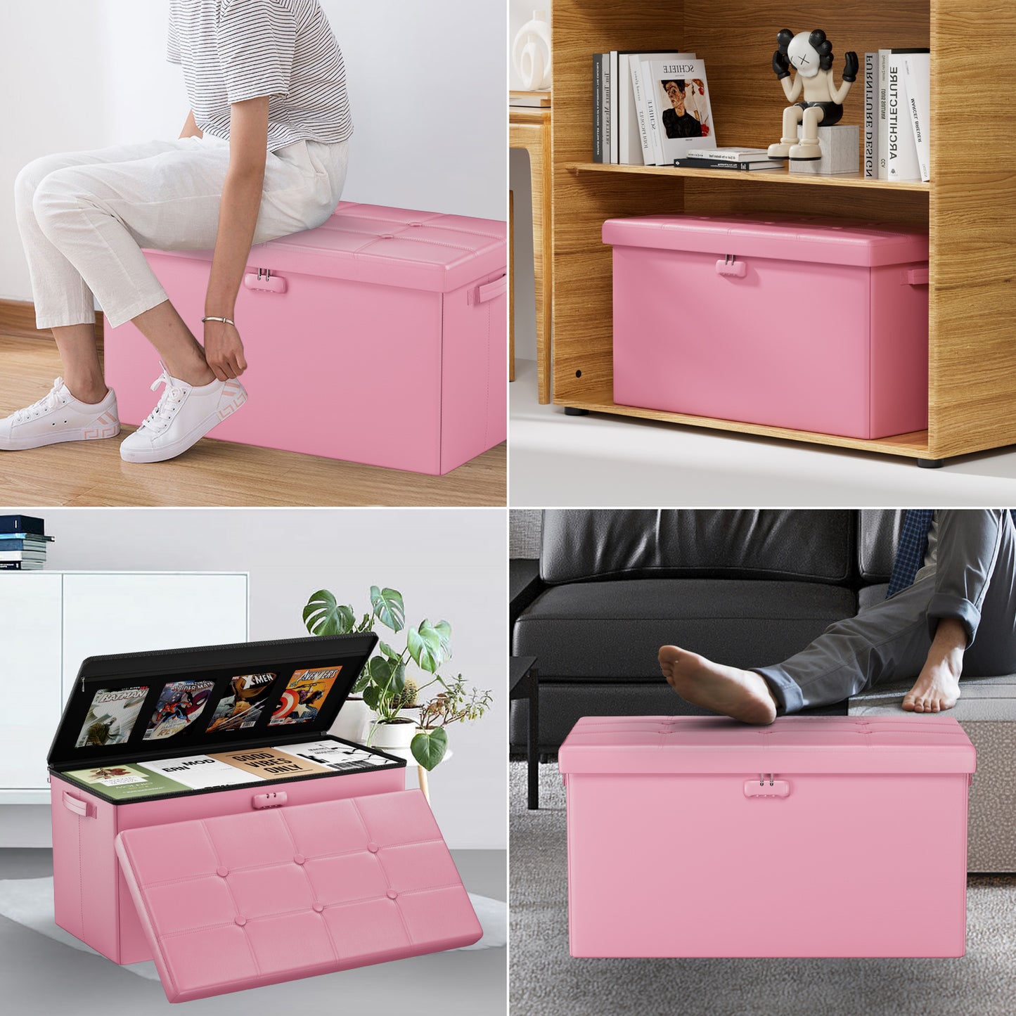 Pink Fireproof Storage Ottoman Bench Folding Bench with Lock