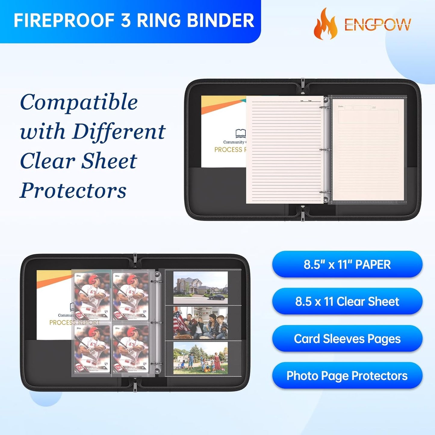 ENGPOW 3 Ring Binder,Fireproof 1.5 Inch D Ring Binder with Zipper,Fireproof&Dust-Proof Binder with Reflective Strip,Holds 375 Sheets,Non-Stick,PVC-Free,Compatible with Clear Sheet Protectors,Black