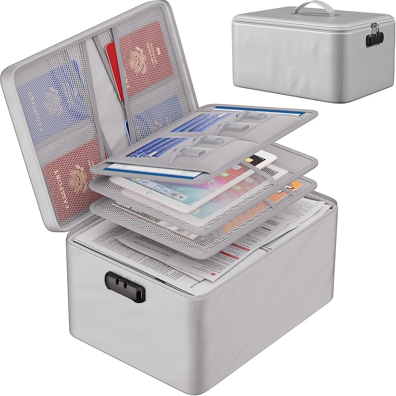 ENGPOW Large Document Organizer with Lock (15" x 11" x 8"), 4-Layer Fireproof & Water-Resistant Safe Bag File Organizer Storage for Important Documents, Certificates, Laptop, Passports, Black