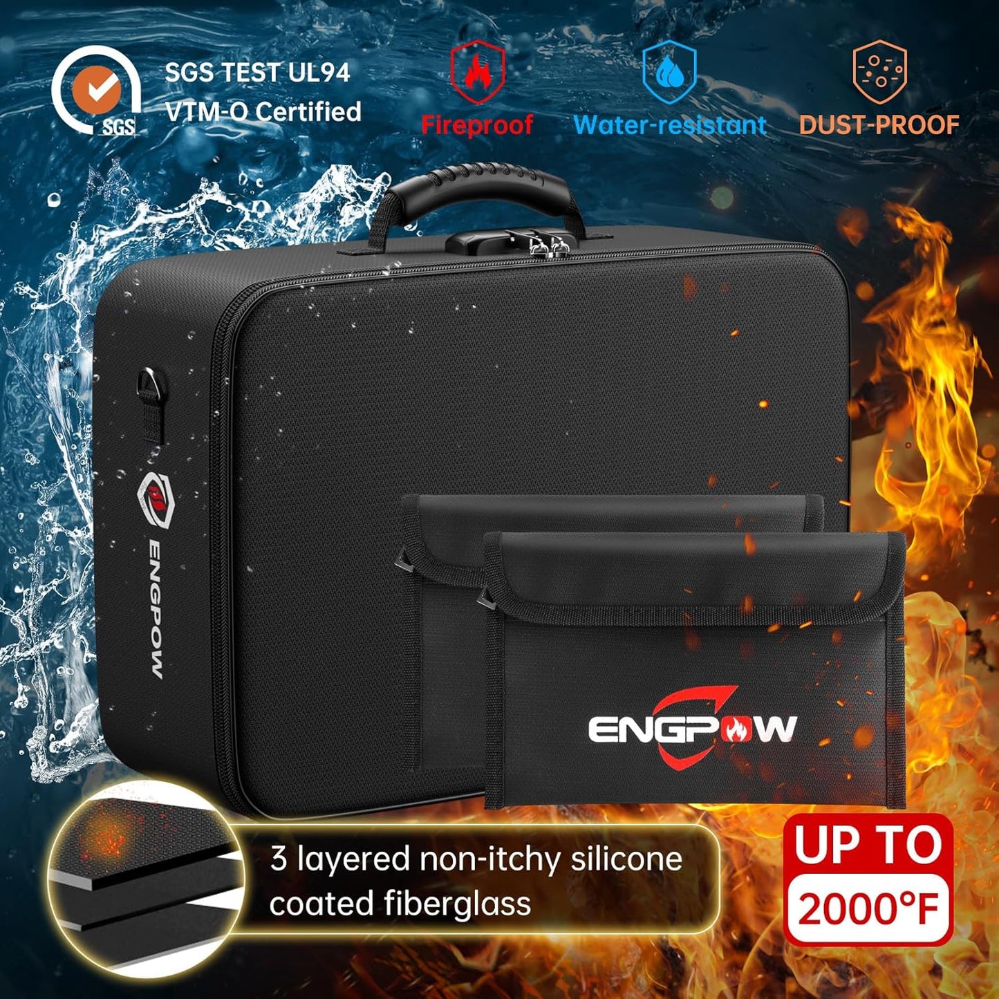 ENGPOW File Organizer Bags with Lock,Fireproof Document Bag(17.2"x12"x6") with 2 Small Fireproof Bags(8"x5.1"),Document Organizer Portable Travel Home Storage Safe for Legal/A4 Important Documents