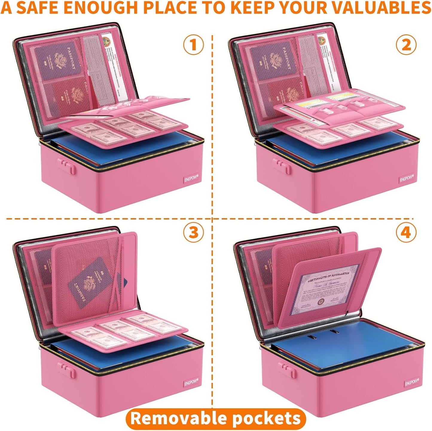 ENGPOW Fireproof Document Box, Hard Fireproof Box with Fireproof Zipper&Lock, 6400°F Heat Insulated Fireproof Water Resistant File Organizer Storage Box Safe for Important Documents,Valuable,Pink