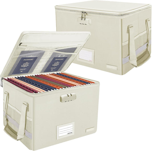 ENGPOW File Box with Lock,Fireproof Document Box with Pockets,Collapsible File Storage Organizer Box Filing Box with Handle,Portable Home Office Safe Box for Hanging Letter/Legal Folder,2 Pack(Beige)