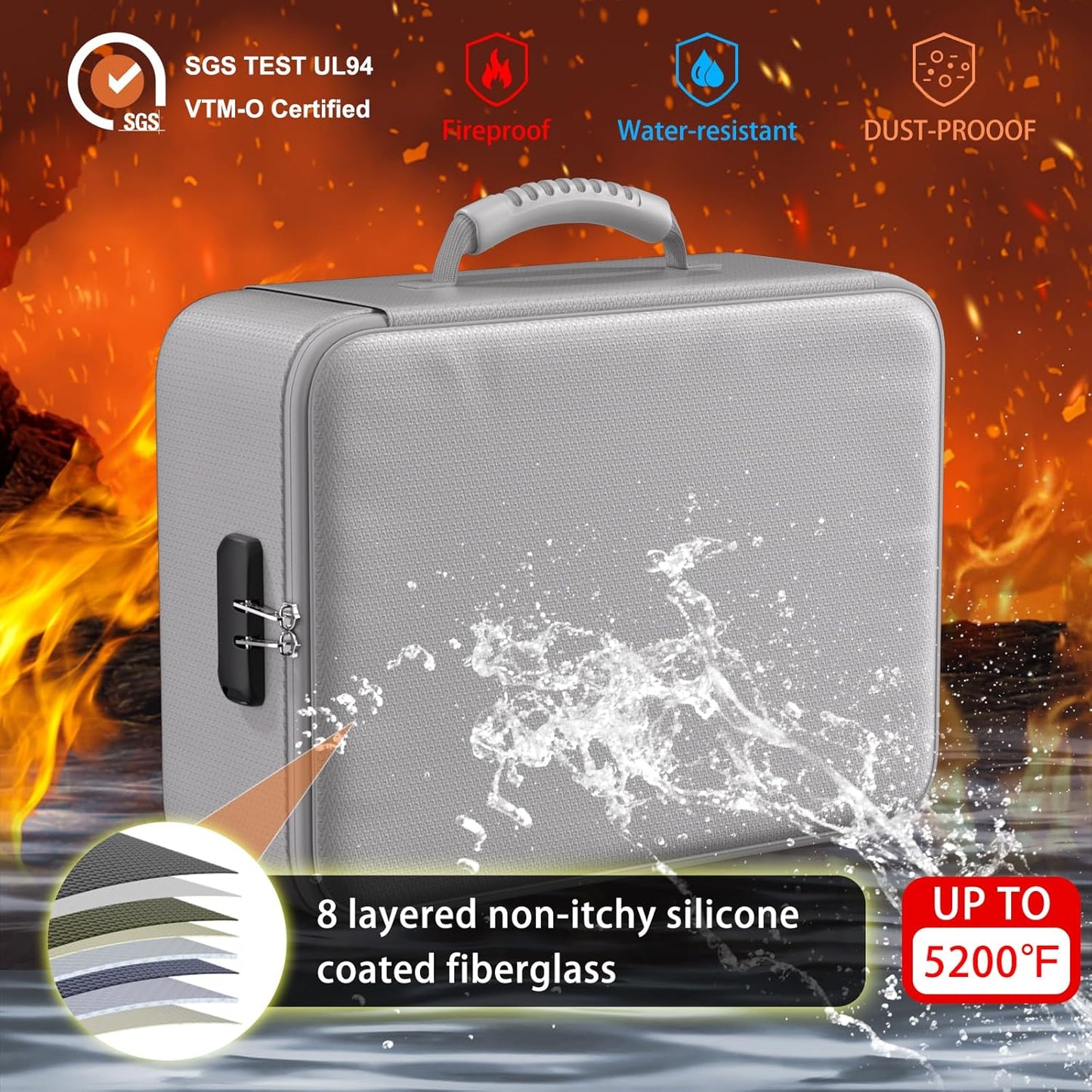 ENGPOW 5200°F Fireproof Document Bag with Lock, Upgraded Heat Insulated Fireproof&Waterproof Box 8 Layers Document Organizer, Portable Home Travel Safe Storage Box for Important Files, Laptop, Silver