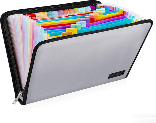 ENGPOW Expanding File Folder, Fireproof File Organizer with 25 Colored Pockets,Labels,Zipper Closure,Fireproof&Water Resistant Safe Storage for Letter A4 Size Paper,Document,Paperwork,Silver