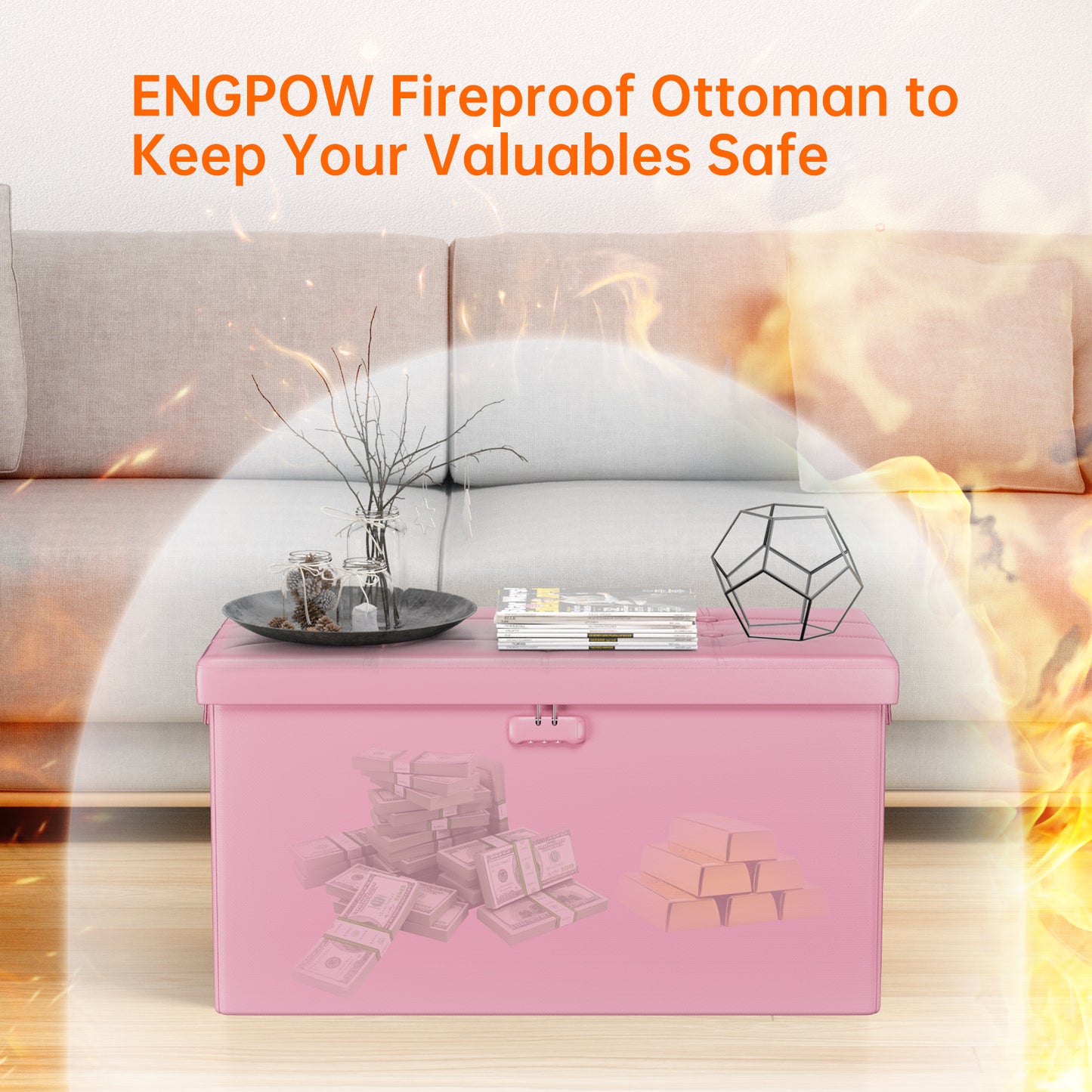 Pink Fireproof Storage Ottoman Bench Folding Bench with Lock