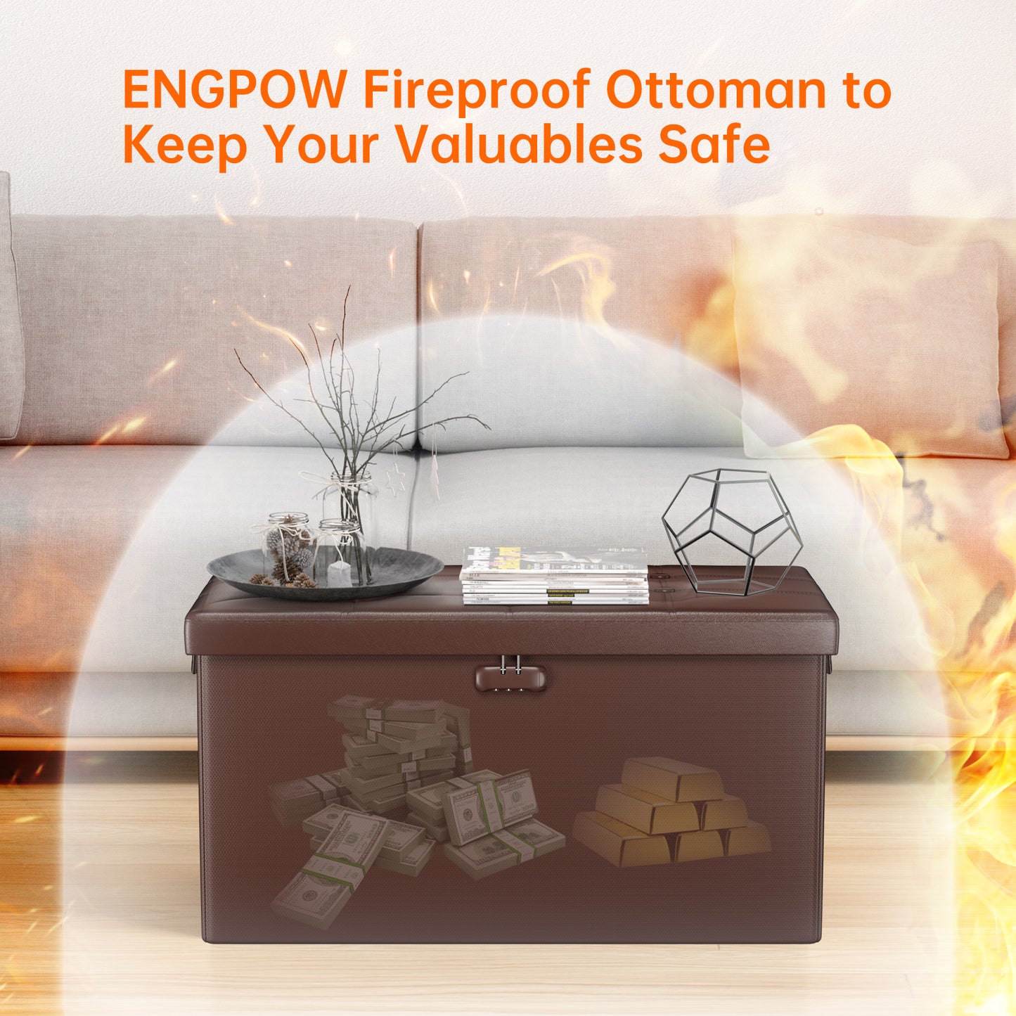 Brown Fireproof Storage Ottoman Bench Folding Bench with Lock