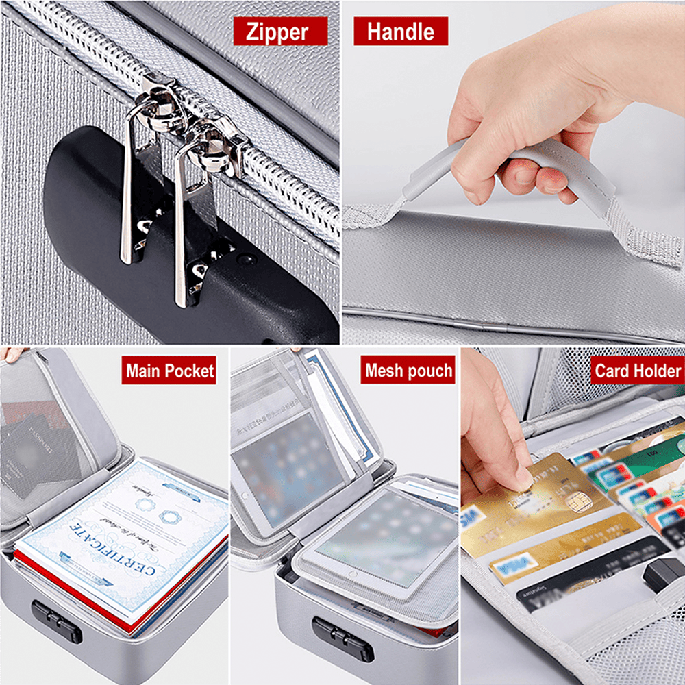 Fireproof Document Bag with Lock Money Safe Pouch Home Office Travel