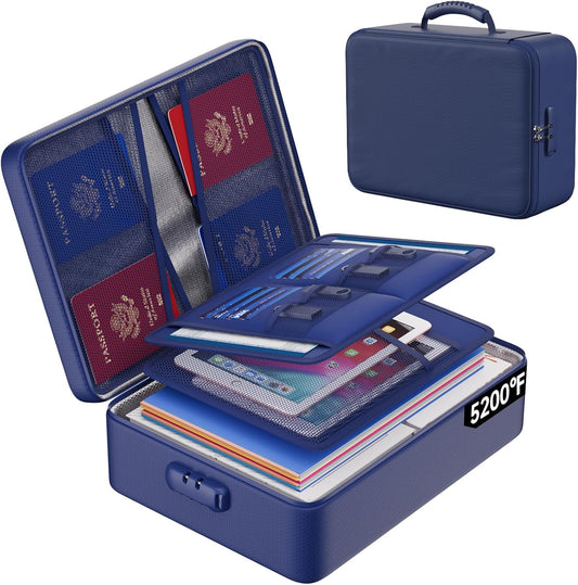 ENGPOW 5200°F Fireproof Document Bag with Lock, Upgraded Heat Insulated Fireproof&Waterproof Box 8 Layers Document Organizer, Portable Home Travel Safe Storage Box for Important Files, Laptop, Blue