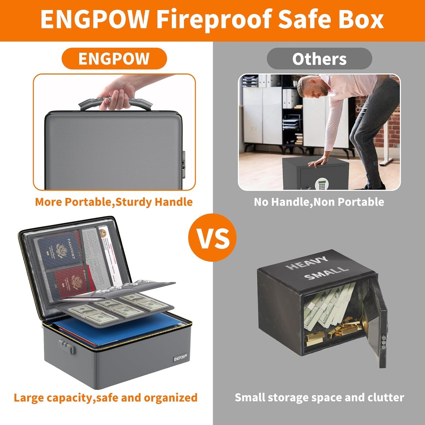 ENGPOW Fireproof Document Box, Hard Fireproof Box with Fireproof Zipper&Lock, 6400°F Heat Insulated Fireproof Water Resistant File Organizer Storage Box Safe for Important Documents,Valuable,Gray