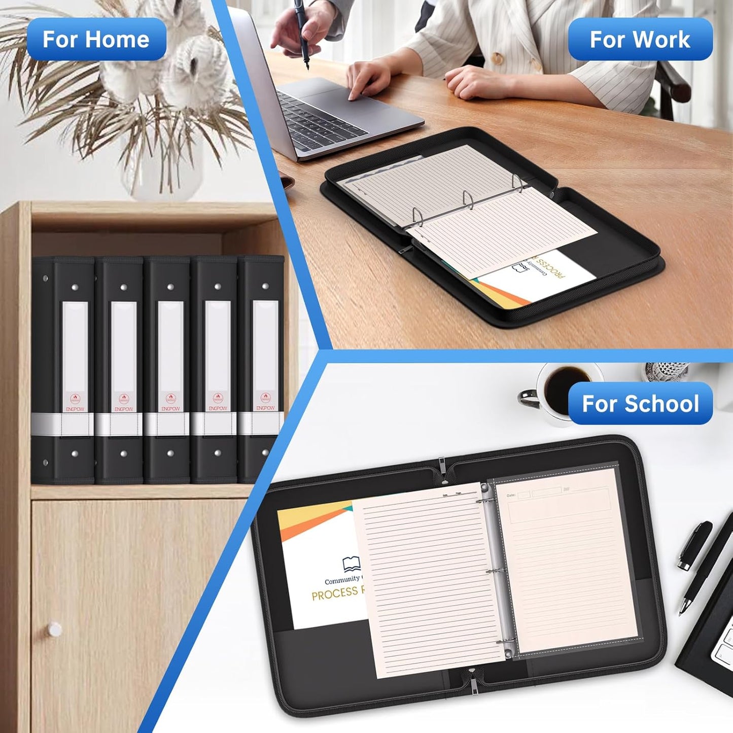 ENGPOW 3 Ring Binder,Fireproof 1.5 Inch D Ring Binder with Zipper,Fireproof&Dust-Proof Binder with Reflective Strip,Holds 375 Sheets,Non-Stick,PVC-Free,Compatible with Clear Sheet Protectors,Black