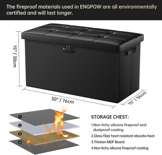 ENGPOW Storage Ottoman Bench,Fireproof Folding Storage Bench with Lock,30 Inches Fire&Water Resistant Storage Chest Foot Rest Stool Leather Bedroom Bench with Storage Safe for Document,Valuables,Black