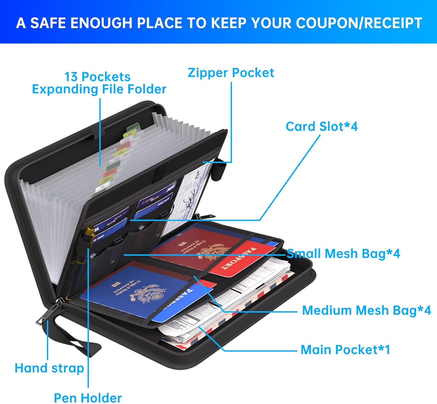 ENGPOW Accordion Receipt Coupon Organizer,Fireproof Expanding 13 Pockets Small File Organizer Folder with Labels,Portable Home Travel Safe Storage for Check,Bill,Receipts,Tickets,Card,11.4"x6.7"