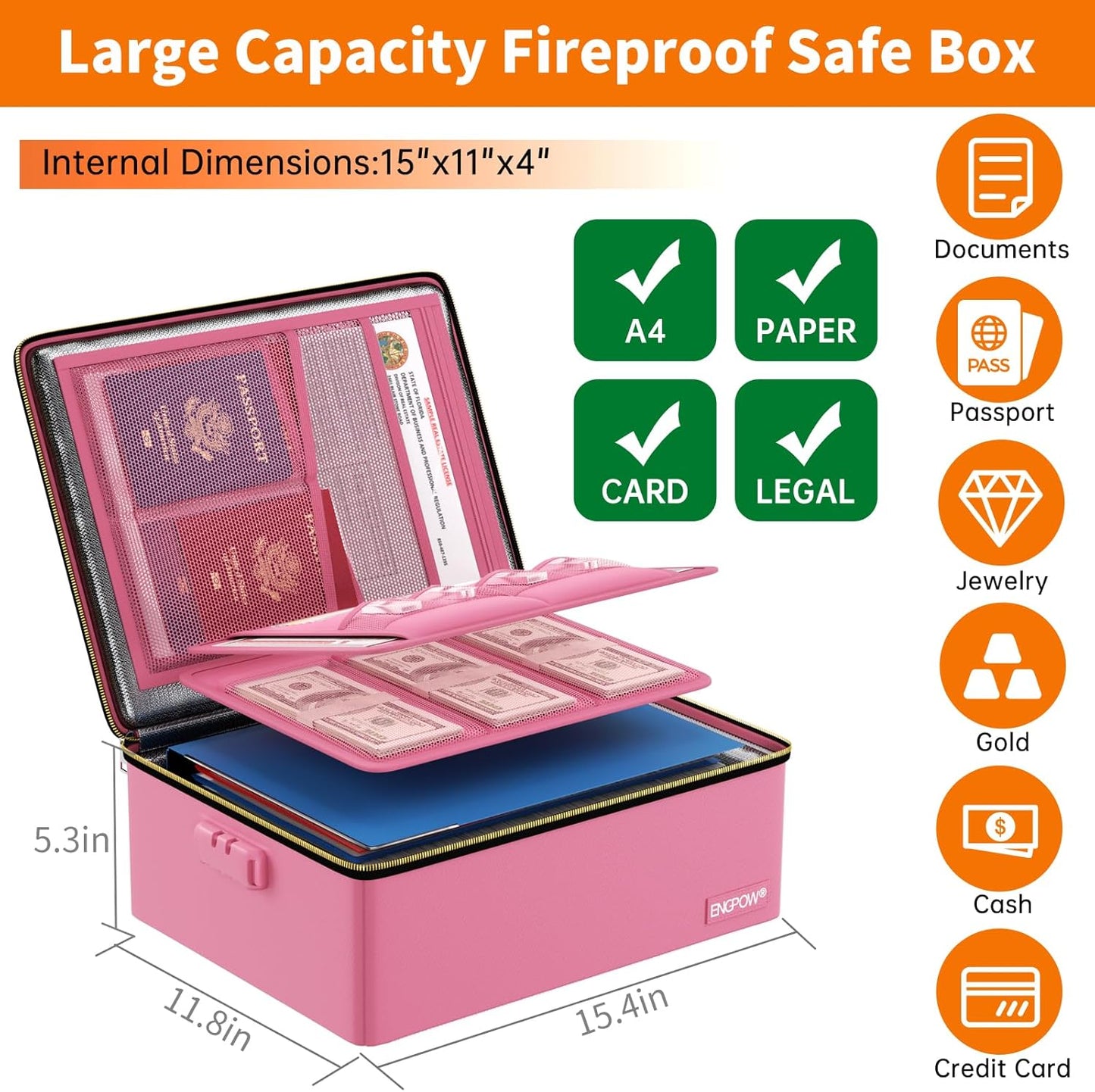 ENGPOW Fireproof Document Box, Hard Fireproof Box with Fireproof Zipper&Lock, 6400°F Heat Insulated Fireproof Water Resistant File Organizer Storage Box Safe for Important Documents,Valuable,Pink