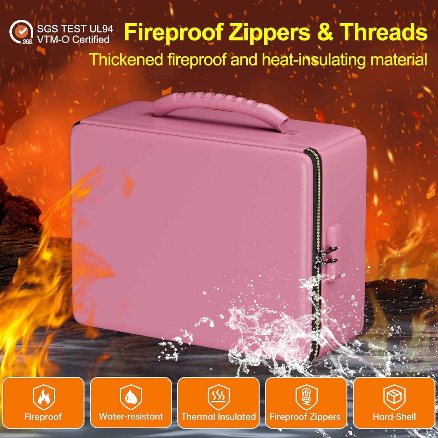 ENGPOW Fireproof Document Box, Hard Fireproof Box with Fireproof Zipper&Lock, 6400°F Heat Insulated Fireproof Water Resistant File Organizer Storage Box Safe for Important Documents,Valuable,Pink